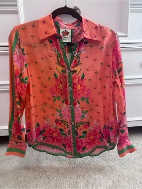 FARM Rio Coral and Green Floral Button-Down Blouse